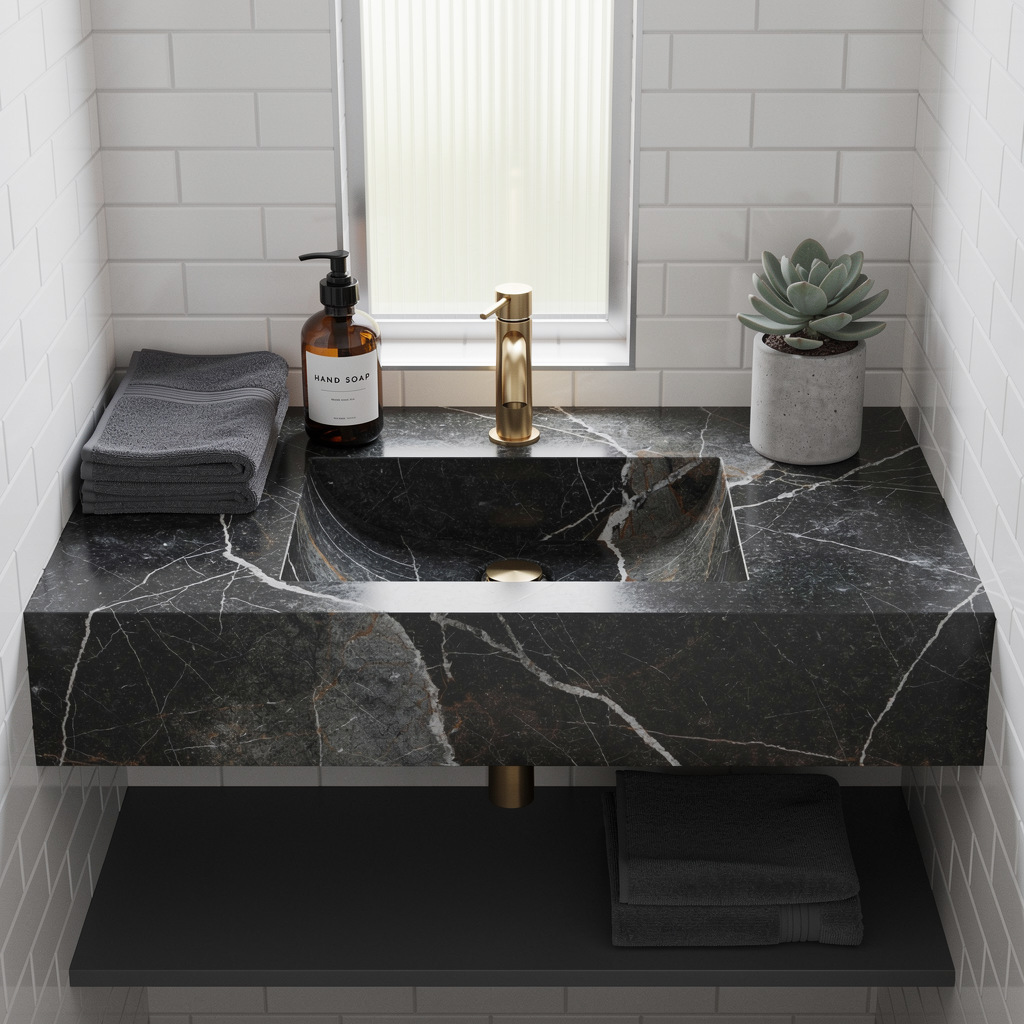 Badezimmer Waschtisch Ideen für zeitlose Eleganz 3 Dunkle Stein-Waschtischplatte mit integriertem Becken, gebürsteter Messing-Armatur und kleinen Accessoires.