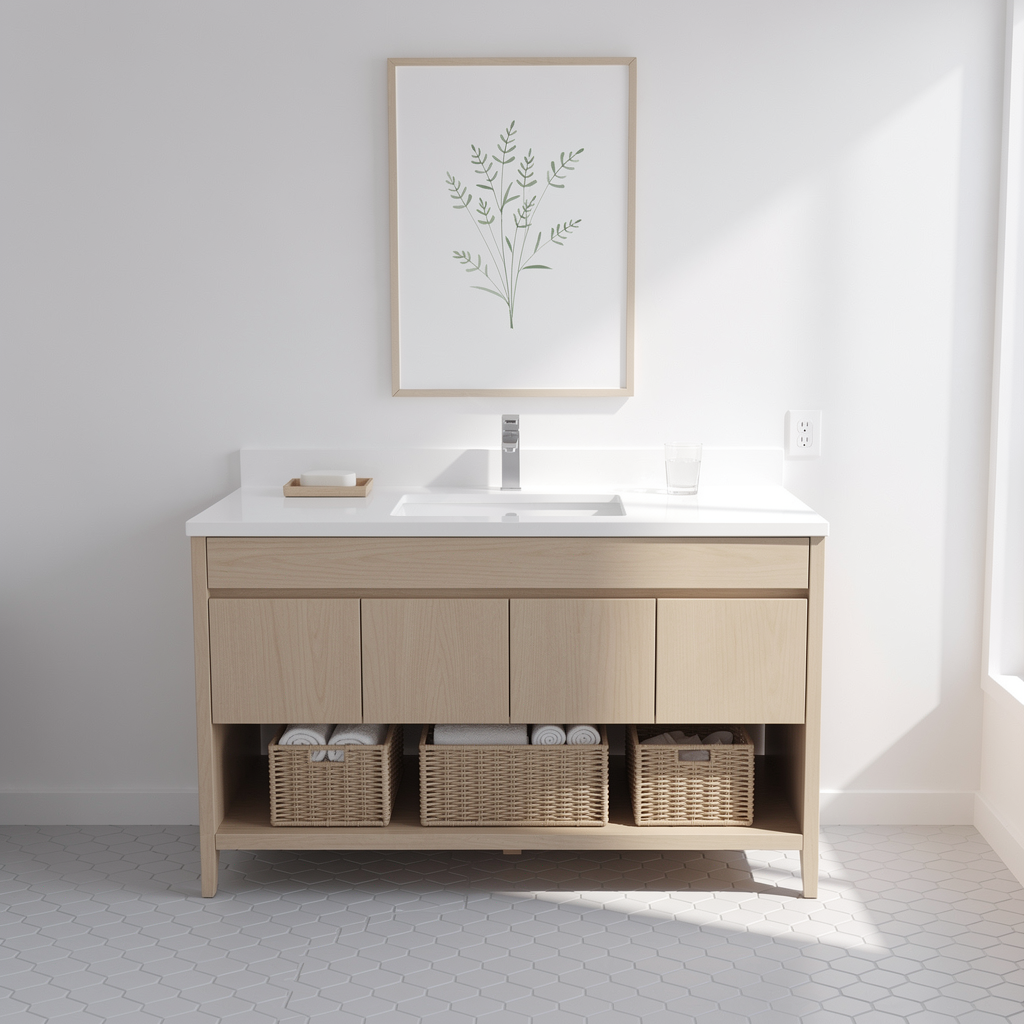 Badezimmer Waschtisch Ideen für zeitlose Eleganz 2 Heller skandinavischer Waschtisch mit Eichenholz-Unterschrank, weißer Arbeitsplatte und offenen Körben auf dem Regal.