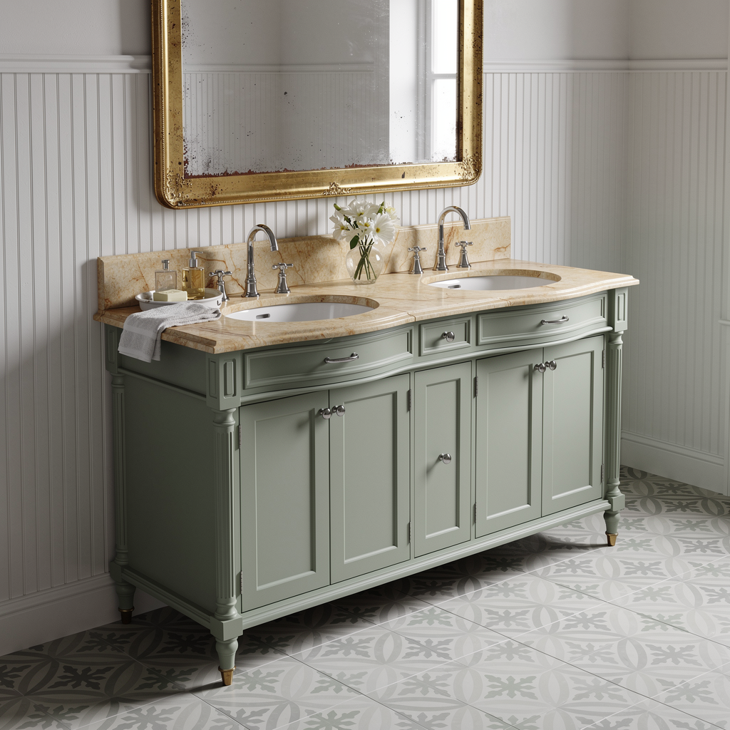 Badezimmer Waschtisch Ideen für zeitlose Eleganz 4 Freistehender vintage Waschtisch in Salbeigrün mit Marmorplatte und zwei eingelassenen Becken, dekorativem Spiegel und Fliesenboden.