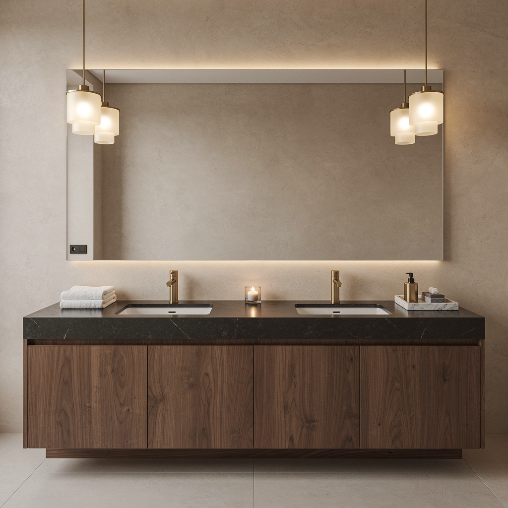 Badezimmer Waschtisch Ideen: Stilvolle Konzepte für jedes Bad 3 Luxuriöser Doppelwaschtisch mit dunkler Steinplatte als elegante Badezimmer Waschtisch Ideen