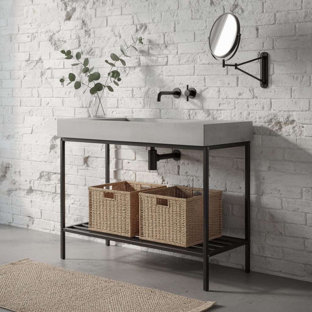 Badezimmer Waschtisch Ideen: Stilvolle Konzepte für jedes Bad 4 Minimalistischer Betonwaschtisch auf Metallgestell als moderne Badezimmer Waschtisch Ideen